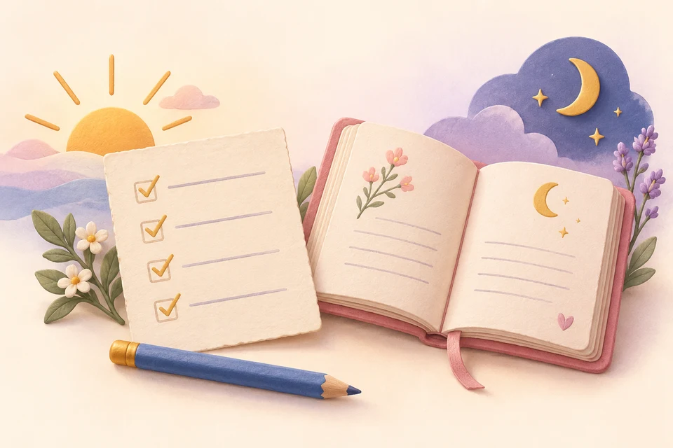 Tagesplan und Journal nebeneinander auf Papier