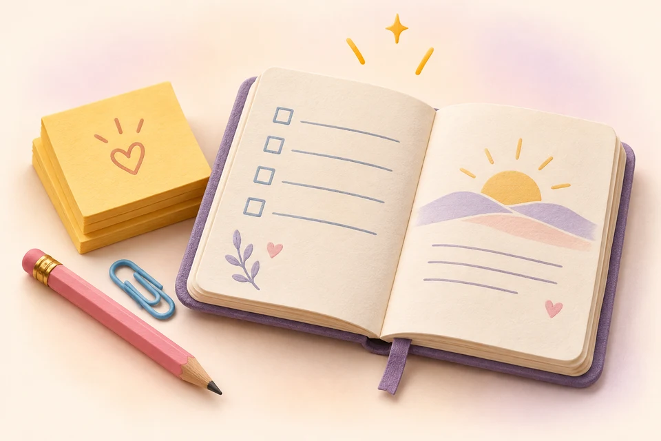 Goldene Notizzettel, Notizbuch und Stift