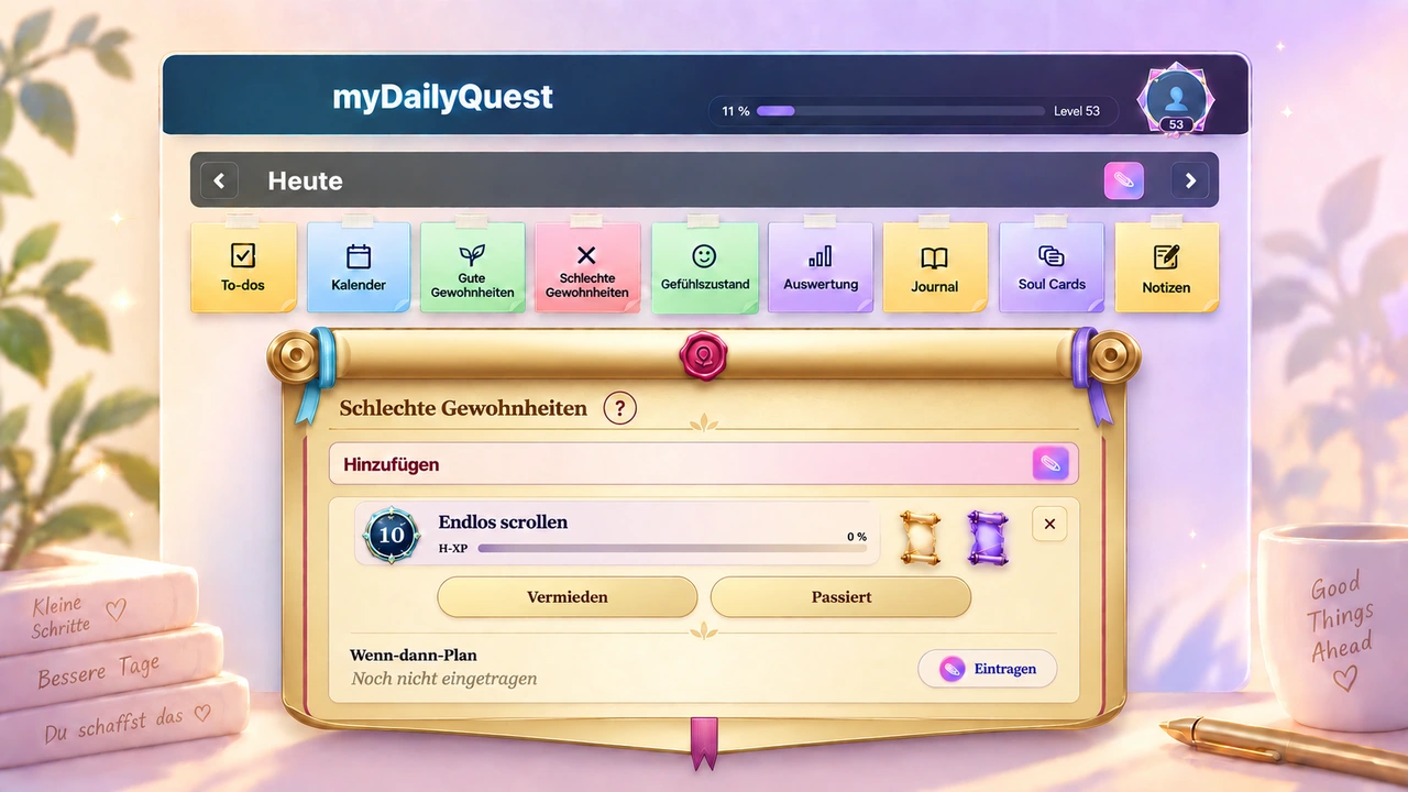 Stilisierte myDailyQuest Ansicht: Schriftrolle mit Endlos scrollen und Wenn-dann-Plan