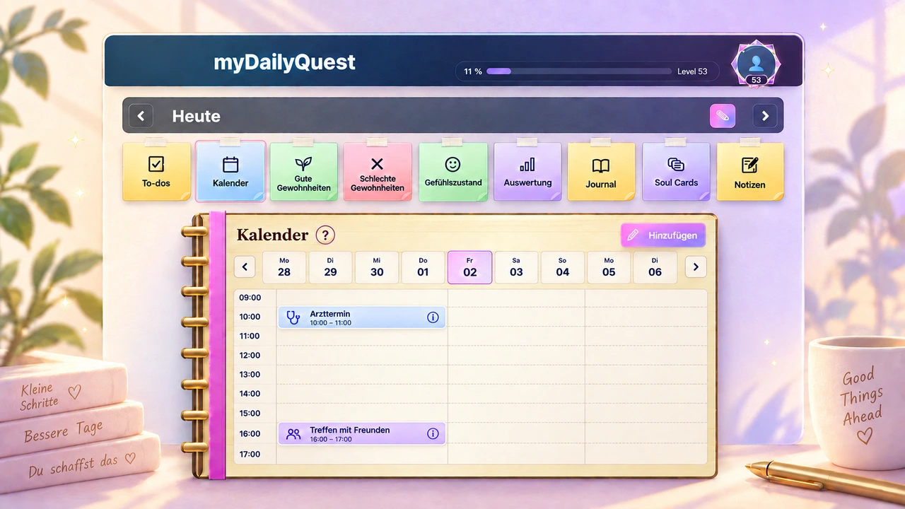Stilisierte myDailyQuest Ansicht: Kalender mit Stundenübersicht und zwei Terminen