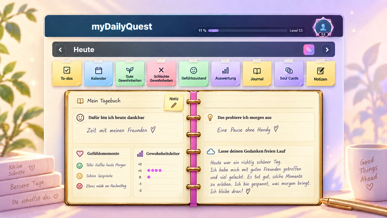 Stilisierte myDailyQuest Ansicht: Geöffnetes Tagebuch mit Dankbarkeit und freien Gedanken