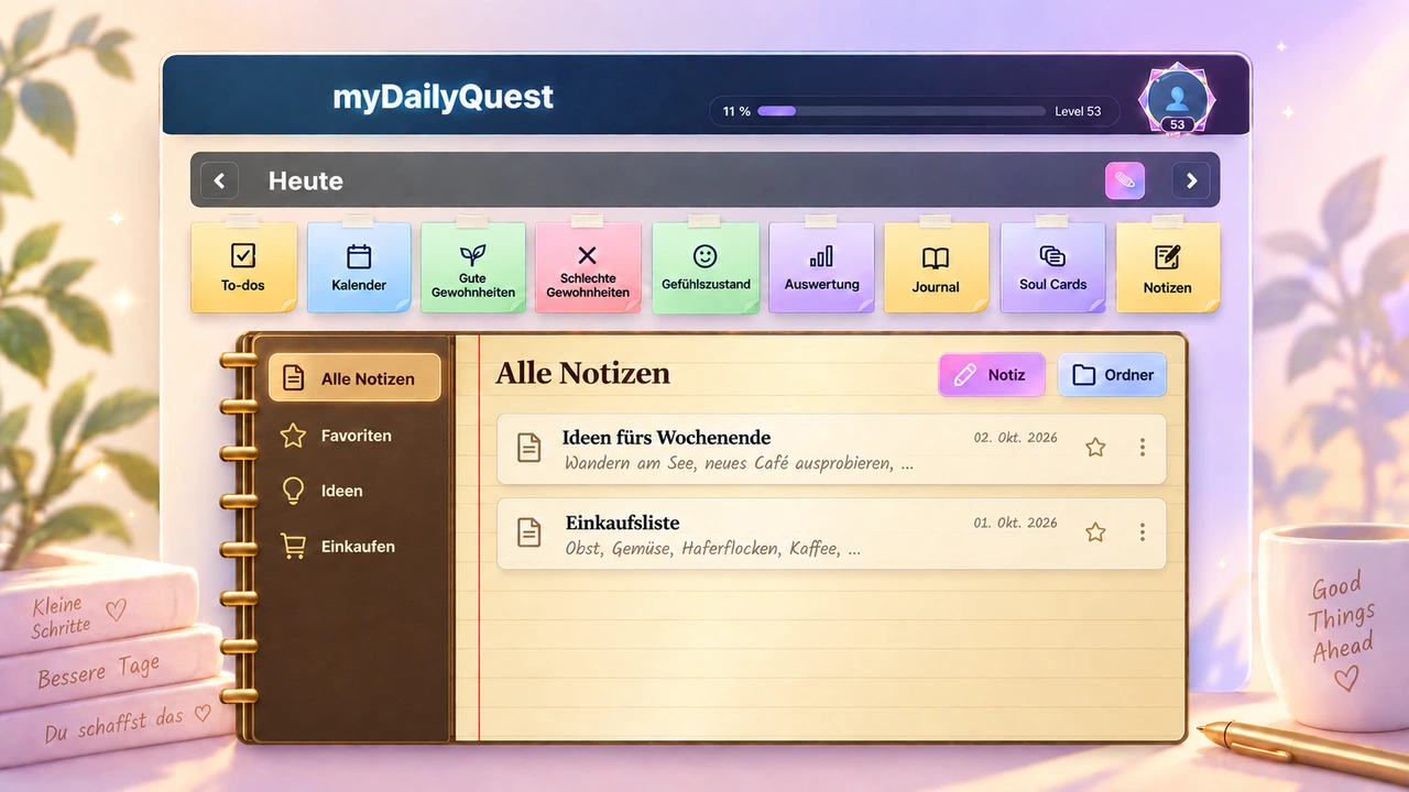 Stilisierte myDailyQuest Ansicht: Notizübersicht mit Ordnern und zwei Beispielnotizen