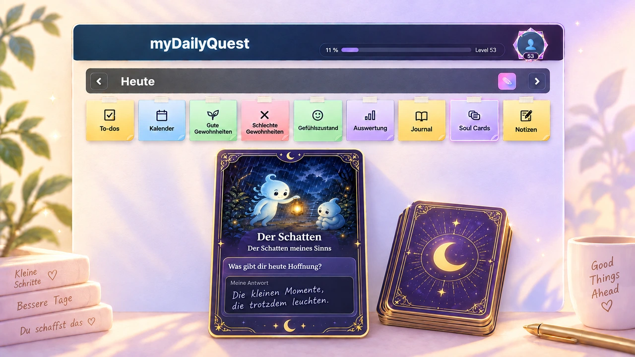 Stilisierte myDailyQuest Ansicht: Soul Card und Astral-Kartendeck