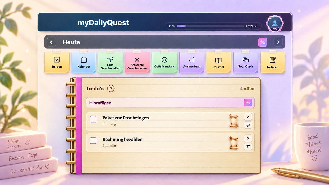 Stilisierte myDailyQuest Ansicht: To-do-Buch mit Paketversand und Rechnung
