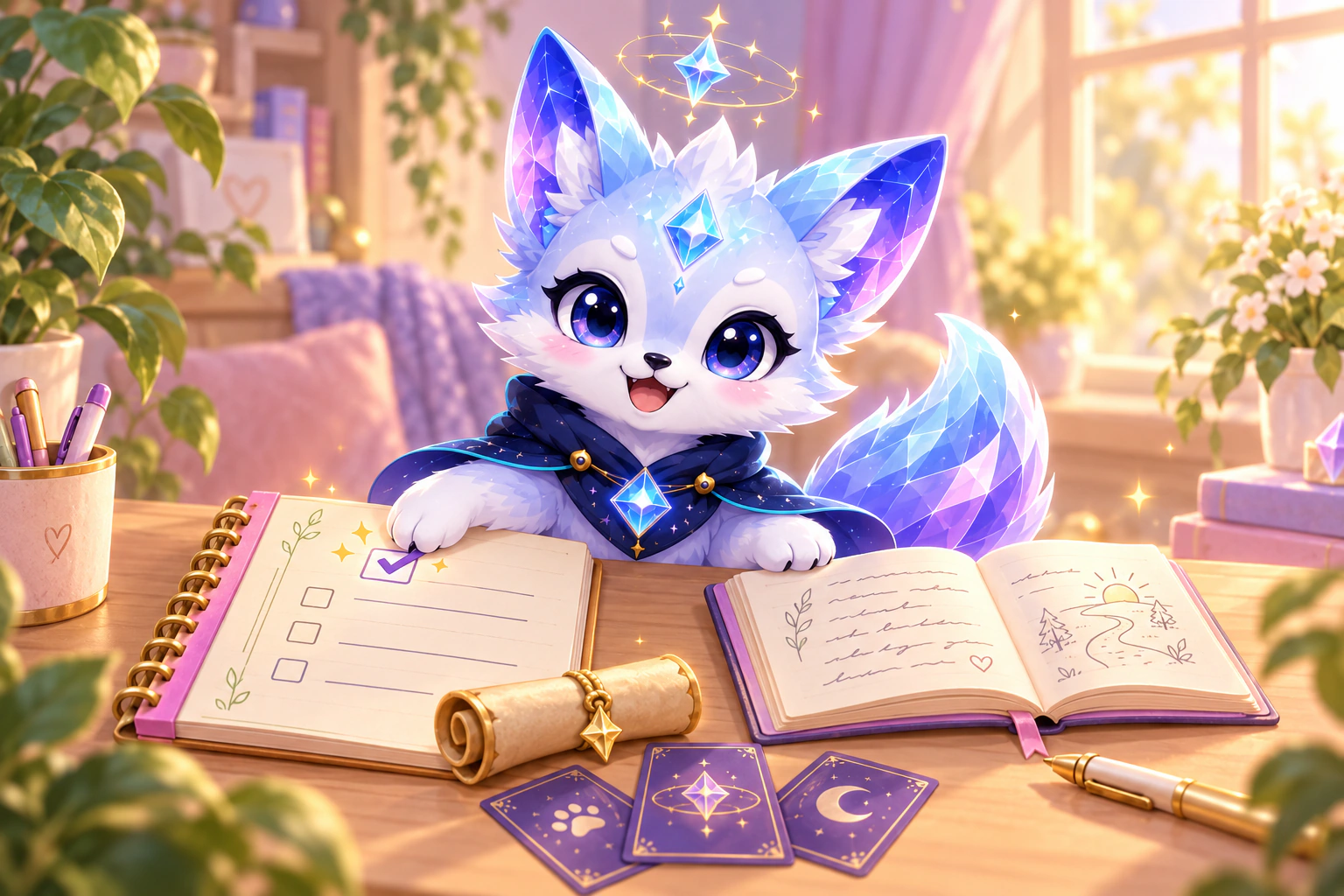 Lumi freut sich an einem sonnigen Schreibtisch über ein abgehaktes To-do; daneben liegen ein offenes Journal, eine Questrolle und Soul Cards.