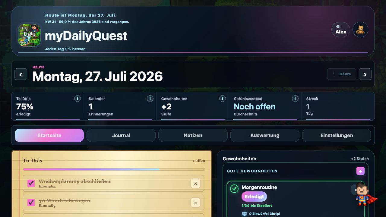myDailyQuest Startseite mit To-Dos, Gewohnheiten und Kalender